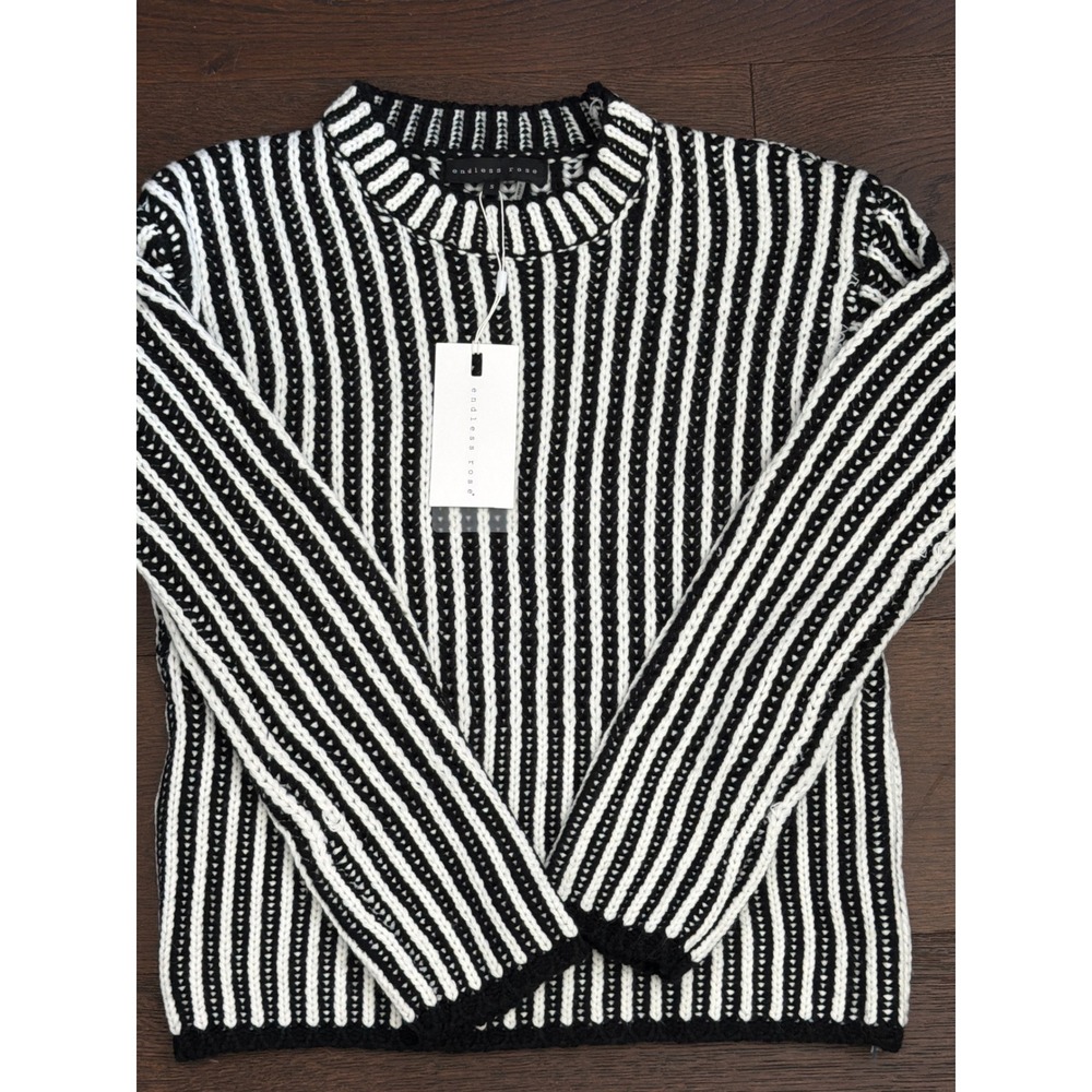 Endless Rose Womens Black White Striped Ribbed Knit Crew Neck Sweater Small NWT